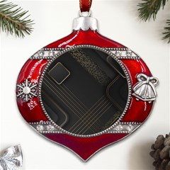 Black Background With Gold Lines Metal Snowflake And Bell Red Ornament by nateshop