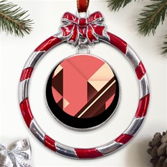 Retro Abstract Background, Brown-pink Geometric Background Metal Red Ribbon Round Ornament by nateshop