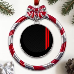 Abstract Black & Red, Backgrounds, Lines Metal Red Ribbon Round Ornament by nateshop