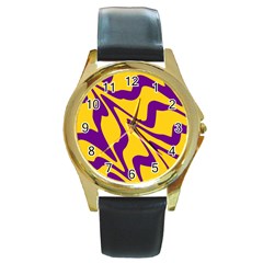 Waves Pattern Lines Wiggly Round Gold Metal Watch by Cemarart