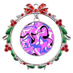 Swirl Pink White Blue Black Metal X mas Wreath Ribbon Ornament by Cemarart