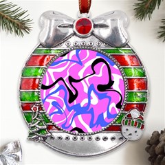 Swirl Pink White Blue Black Metal X mas Ribbon With Red Crystal Round Ornament by Cemarart