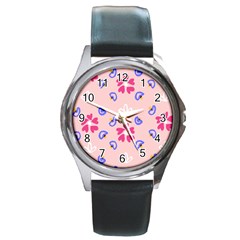 Flower Heart Print Pattern Pink Round Metal Watch by Cemarart