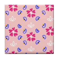 Flower Heart Print Pattern Pink Tile Coaster by Cemarart