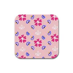 Flower Heart Print Pattern Pink Rubber Square Coaster (4 Pack) by Cemarart