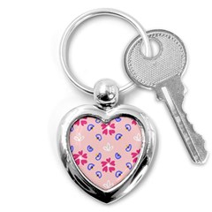 Flower Heart Print Pattern Pink Key Chain (heart) by Cemarart