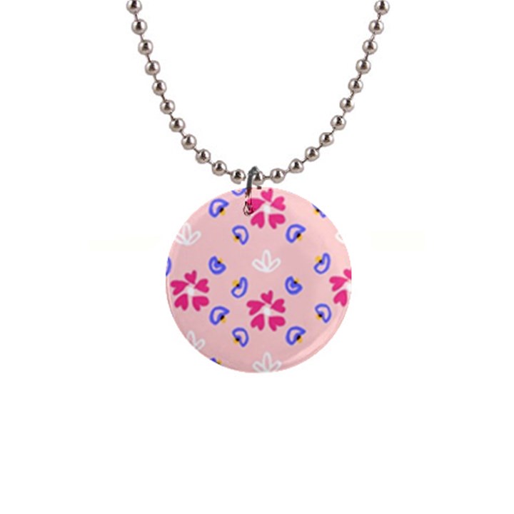 Flower Heart Print Pattern Pink 1  Button Necklace