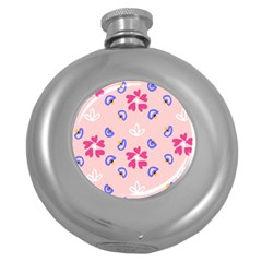 Flower Heart Print Pattern Pink Round Hip Flask (5 Oz) by Cemarart