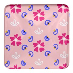 Flower Heart Print Pattern Pink Square Glass Fridge Magnet (4 Pack) by Cemarart