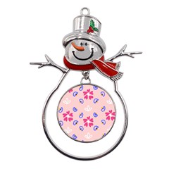 Flower Heart Print Pattern Pink Metal Snowman Ornament by Cemarart