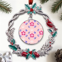 Flower Heart Print Pattern Pink Metal X mas Wreath Holly Leaf Ornament by Cemarart