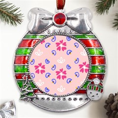 Flower Heart Print Pattern Pink Metal X mas Ribbon With Red Crystal Round Ornament by Cemarart