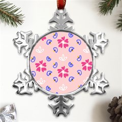 Flower Heart Print Pattern Pink Metal Small Snowflake Ornament by Cemarart