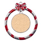 Background Wavy Zig Zag Lines Metal Red Ribbon Round Ornament Front