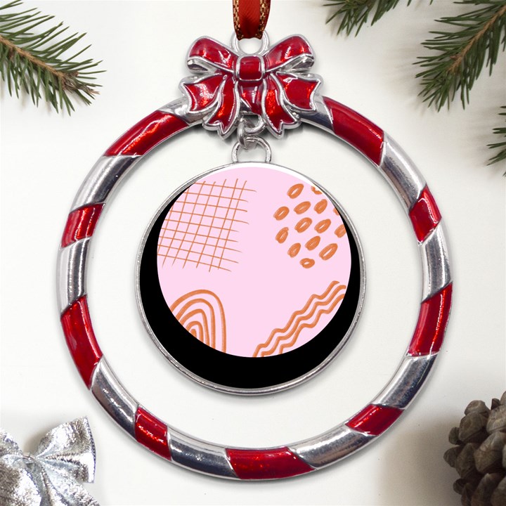 Elements Scribbles Wiggly Lines Retro Vintage Metal Red Ribbon Round Ornament