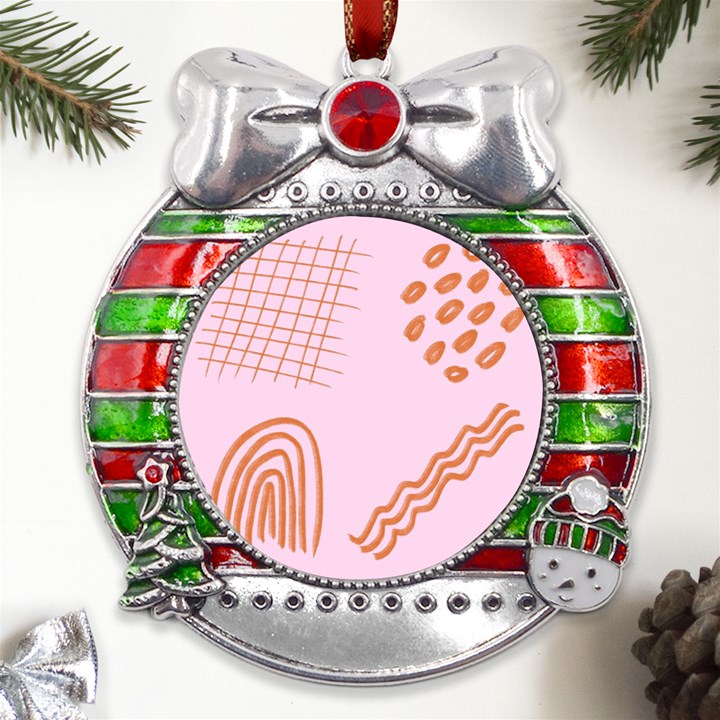 Elements Scribbles Wiggly Lines Retro Vintage Metal X Mas Ribbon With Red Crystal Round Ornament