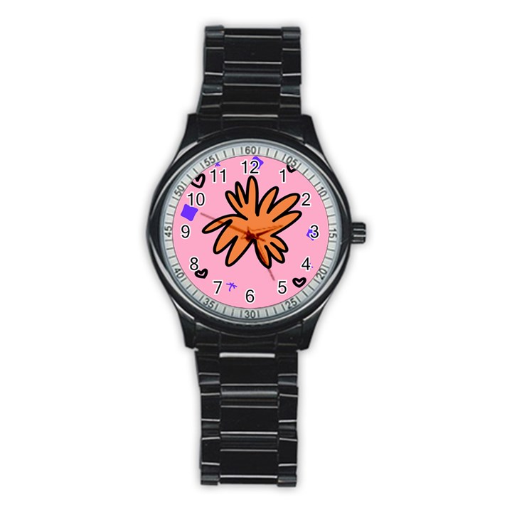 Doodle Flower Sparkles Orange Pink Stainless Steel Round Watch