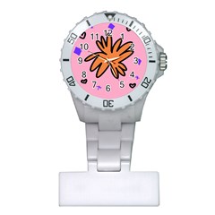 Doodle Flower Sparkles Orange Pink Plastic Nurses Watch by Cemarart