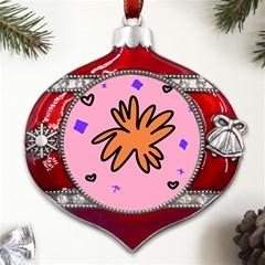 Doodle Flower Sparkles Orange Pink Metal Snowflake And Bell Red Ornament by Cemarart