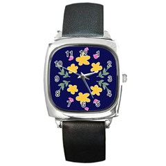 Doodle Flower Leaves Plant Design Square Metal Watch by Cemarart