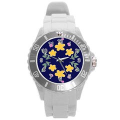 Doodle Flower Leaves Plant Design Round Plastic Sport Watch (L)