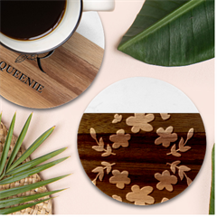 Doodle Flower Leaves Plant Design Marble Wood Coaster (Round)