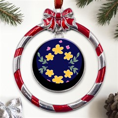 Doodle Flower Leaves Plant Design Metal Red Ribbon Round Ornament