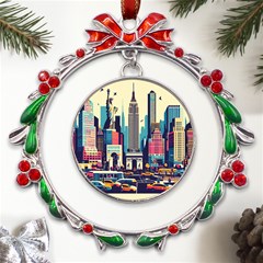 Skyscrapers City Usa Metal X mas Wreath Ribbon Ornament by Cemarart