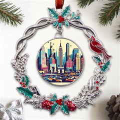 Skyscrapers City Usa Metal X mas Wreath Holly Leaf Ornament by Cemarart