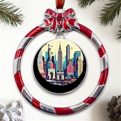 Skyscrapers City Usa Metal Red Ribbon Round Ornament by Cemarart