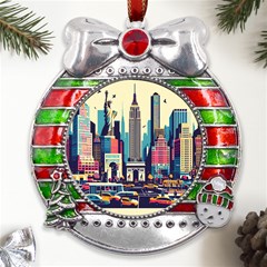 Skyscrapers City Usa Metal X mas Ribbon With Red Crystal Round Ornament by Cemarart