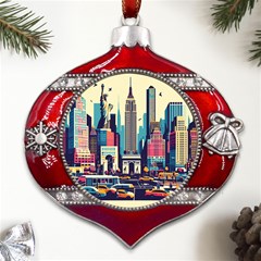 Skyscrapers City Usa Metal Snowflake And Bell Red Ornament by Cemarart