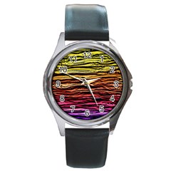 Rainbow Wood Digital Paper Pattern Round Metal Watch by Cemarart