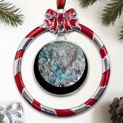 Mono Turquoise Blend Metal Red Ribbon Round Ornament by kaleidomarblingart