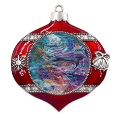 Abstarct Cobalt Waves Metal Snowflake And Bell Red Ornament by kaleidomarblingart