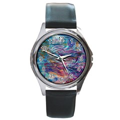 Abstarct Cobalt Waves Round Metal Watch by kaleidomarblingart