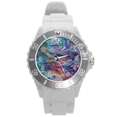 Abstarct Cobalt Waves Round Plastic Sport Watch (l) by kaleidomarblingart