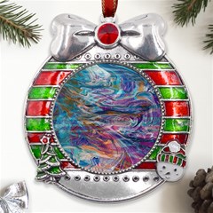 Abstarct Cobalt Waves Metal X mas Ribbon With Red Crystal Round Ornament by kaleidomarblingart