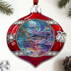 Abstarct Cobalt Waves Metal Snowflake And Bell Red Ornament by kaleidomarblingart