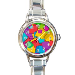 Abstract Cube Colorful  3d Square Pattern Round Italian Charm Watch by Cemarart