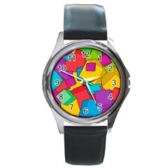 Abstract Cube Colorful  3d Square Pattern Round Metal Watch by Cemarart