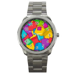 Abstract Cube Colorful  3d Square Pattern Sport Metal Watch by Cemarart