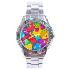 Abstract Cube Colorful  3d Square Pattern Stainless Steel Analogue Watch by Cemarart