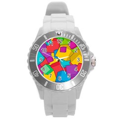 Abstract Cube Colorful  3d Square Pattern Round Plastic Sport Watch (l) by Cemarart