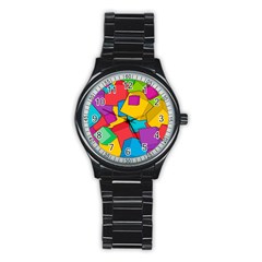 Abstract Cube Colorful  3d Square Pattern Stainless Steel Round Watch by Cemarart