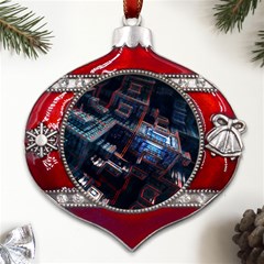 Fractal Cube 3d Art Nightmare Abstract Metal Snowflake And Bell Red Ornament by Cemarart