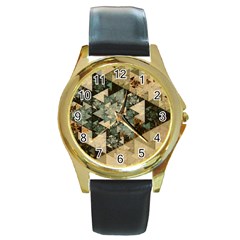 Triangle Geometry Colorful Fractal Pattern Round Gold Metal Watch by Cemarart