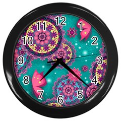 Floral Pattern Abstract Colorful Flow Oriental Spring Summer Wall Clock (black) by Cemarart