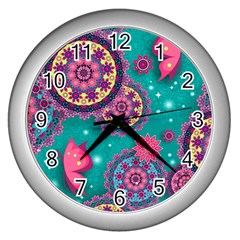 Floral Pattern Abstract Colorful Flow Oriental Spring Summer Wall Clock (silver) by Cemarart