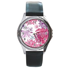 Violet Floral Pattern Round Metal Watch by Cemarart